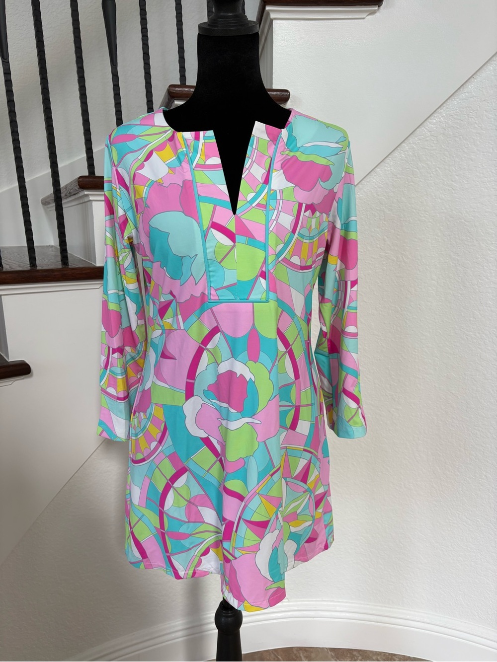 Women’s Multicolor Swim Cover-Up Tunic/ Shirt - Pink & Aqua